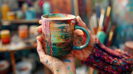 The close up picture of the artist is holding the cup of the coffee that has been decorated with colourful colour inside the colourful studio that surround by the art tools in blur background. AIG43.の素材