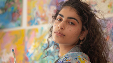 The close up picture of middle east artist drawing painting inside workshop that has been filled with colour, the artist require skill like creativity, colour theory, passion, art experience. AIG43.の素材