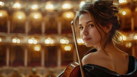 The close up picture of the caucasian professional violinist holding the violin and ready to perform the music melody inside the great orchestra hall that has been filled with the light bulb. AIG43.の素材