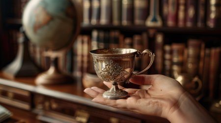 The close up picture of the person is holding the cup of the coffee by their own hand inside the library that has been filled with the multiple books with cozy environment and feel relaxation. AIG43.の素材