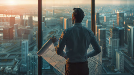 The picture of urban planner holding the blueprint that planning the city to create, the city designer or urban planner require architecture knowledge, planning, communication and management. AIG43.の素材