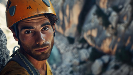 The picture of the climber is climbing the mountain with the equipment, the rock climbing activity is extreme sport require skills endurance training, climbing technique and safety practice. AIG43.の素材