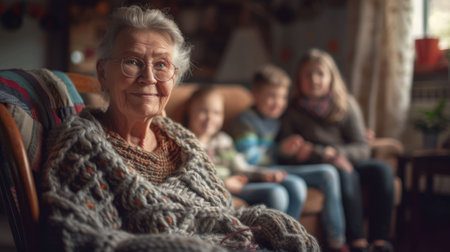The picture of the grandmother sitting in the chair, knitting the cloth with the warm smile with children family, the knitting require skills like concentration, knitting skills and patience. AIG43.の素材