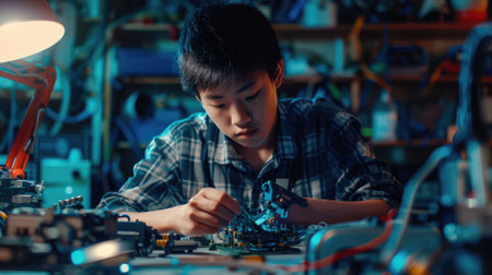 The picture of the east asian male teenager is working on the mechanical robot in his own workshop, the technician also require skill like technical knowledge, time management and experience. AIG43.の素材