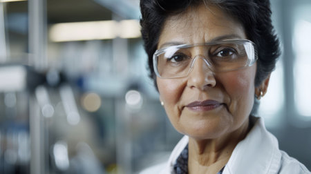 The picture of the senior south asian female pharmaceutical researcher in the laboratory and wearing lab coat and safety glasses, the researcher require the research technique and knowledge. AIG43.の素材