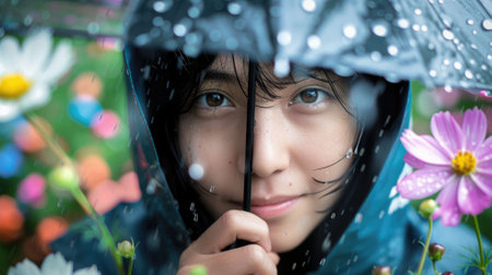 The picture of the smiling person wearing the raincoat and holding the umbrella for protection from the rain weather and also surrounded with colourful flower yet umbrella got wet from rain. AIG43.の素材