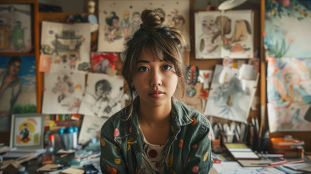 The picture of the childrens book artist is working inside the room that has filled with colourful drawing on wall and blur background, the artist require skill like creative and imagination. AIG43.の素材