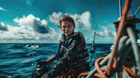 The picture of the marine biologist sitting on the boat or ship with the diving equipment floating on the ocean or sea, marine biologist require skills the knowledge of the marine ecosystems. AIG43.の素材