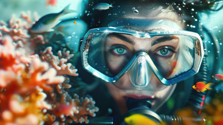 The picture of the diver is diving in the sea or ocean and wearing goggles and snorkel, the diver require skills like knowledge of the diving equipment and gear, buoyancy control and training. AIG43.の素材