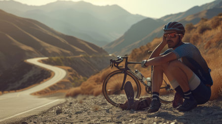 The picture of the professional cyclist with the bike on road near mountain, the professional cyclist require skill like, endurance, stamina, speed, agility, strength and nutrition management. AIG43.の素材