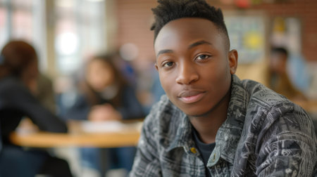 The picture of the african american looking at the camera and has been surrounded with many people in blur background, the community leader require skill communication, empathy, collaboration. AIG43.の素材