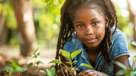 The close up picture of the young african american is planting the plant also dirty by dirt and soil, the horticulture require skill like plant knowledge, soil management, watering technique. AIG43.の素材