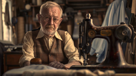 A picture of the tailor working inside the workshop measuring, design, customize and sewing a cloth, the tailor require attention to detail, creativity, communication skill and solving ability. AIG43.の素材