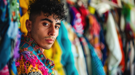 The picture of the hispanic male fashion designer working inside cloth workshop or studio that has been filled with various colorful cloth, the fashion designer require creative and detailed. AIG43.の素材