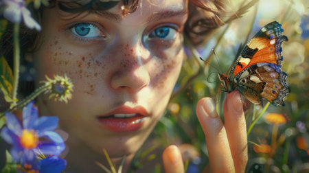 The close up picture of the person holding the butterfly on the finger that has been surrounded with the plant and the nature in the springtime of the year under the bright light from the sun. AIG43.の素材