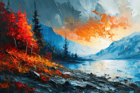 The picture about the nature that has been mixed with the primary colour like red, blue and yellow and the picture has been filled with tree, mountain, cloud, sky and sun in daytime of dawn. AIGX01.の素材