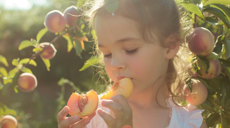 A little girl with a peach in hand, surrounded by nature. Her nose twitches as she bites into the juicy fruit, her hair blowing in the breeze. Happy and content, she enjoys the natural food cravingの素材