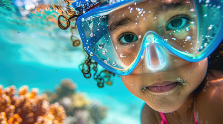 A young girl with diving equipment and a mask is exploring the underwater environment, swimming in the ocean to observe marine organisms and practice underwater diving AIG50の素材