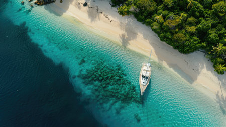 A boat navigating the azure waters near a coastal beach, surrounded by natural landscapes and oceanic landforms. Trees and vehicles visible on the shoreline AIG50の素材