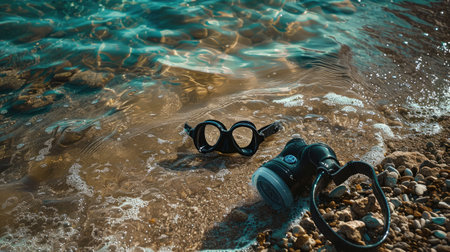 A pair of scuba diving goggles lay on the sandy beach, with azure waters and blue skies creating a picturesque natural landscape. Vision care eyewear for underwater adventures AIG50の素材