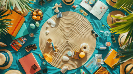 Aqua picnic blanket with an azure round table surrounded by green pillows and a magenta patterned circle. An artistic and electric blue design for a cozy outdoor gathering with a touch of nature AIG50の素材