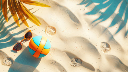 A beach ball and sunglasses are lying on the sandy shore, creating a colorful contrast against the landscape. Its a pictureperfect scene for leisure and recreation AIG50の素材