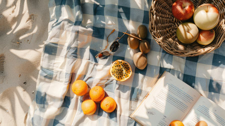 A plantbased picnic blanket with a variety of natural foods and a book on a beach with grass patterns, creating an artistic and relaxing atmosphere AIG50の素材