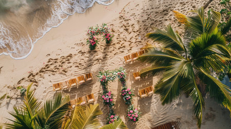 An aerial view of a beach wedding ceremony with chairs and flowers overlooking the water, surrounded by nature and plantfilled landscape AIG50の素材