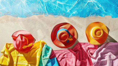 An electric blue hat, patterned scarf, stylish sunglasses, and a rainbow towel are laid out on the beach. The colors create a beautiful circle of art amidst the sand and water AIG50の素材