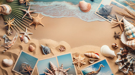 On the beach, a hat, sunglasses, seashells, starfish, and photos are scattered on the sand. The aqua water creates a stunning landscape for leisure and fun events AIG50の素材