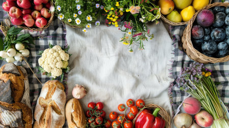 A variety of plantbased foods such as fruits and leafy vegetables are displayed on the table, perfect for creating delicious and healthy recipes with natural ingredients AIG50の素材