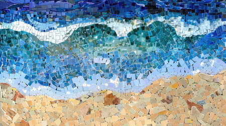 A stunning mosaic painting depicting the beauty of nature with seashells and starfish on a beach. The artwork captures the essence of the natural world in electric blue hues AIG50の素材