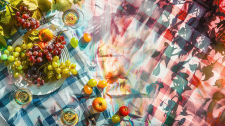 A picnic spread with tableware, fruit, and flowers on a plaid blanket. Enjoy natural foods, vegetable dishes, and a beautiful outdoor event AIG50の素材