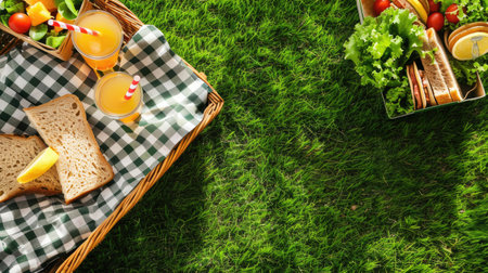 A green picnic basket filled with food items such as sandwiches, lemons, and juice placed on the grass. The ingredients are sourced from terrestrial plants and citrus fruits AIG50の素材