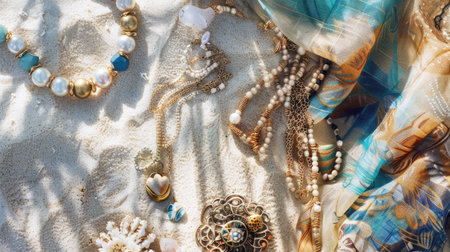Handcrafted body jewelry made from natural materials, a set of necklace and earrings adorned with intricate patterns, sitting on the sandy beach as a creative art display AIG50の素材