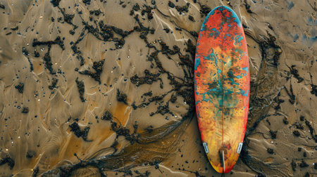 A surfboard rests on the beach as the sun sets, casting a golden glow over the water. The wind waves gently lap at the shore, creating a peaceful and serene natural landscape AIG50の素材