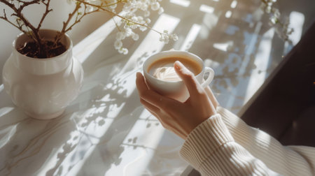 The close up picture of the person is holding the cup of the coffee by their own hand to relax inside the living room for the relaxation near the window that has been shine with the sunlight. AIG43.の素材