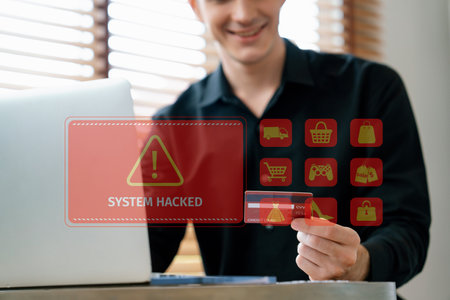 Customer watching hologram interface warn danger of credit card hacked while using cashless...