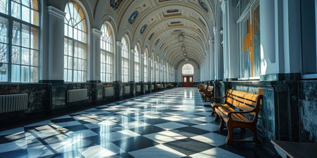 The great long hallway inside the architecture that similar to the hospital with a green tree and the bench that stay on the shiny cleaned floor that reflect a light in the brightest morning. AIGX03.の素材