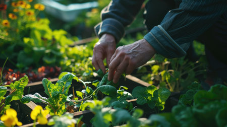 A group of people are collecting various plants such as flowers, grass, leaf vegetables, and shrubs in a garden. AIG41の素材