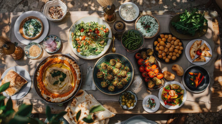 A variety of dishes showcasing different cuisines and ingredients are displayed on the table, highlighting the art of food preparation using natural foods and produce AIG50の素材