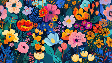 An artistic representation of plants and flowers on a vibrant electric blue background, showcasing a blend of magenta petals and green leaves creating a mesmerizing natural landscape AIG50の素材