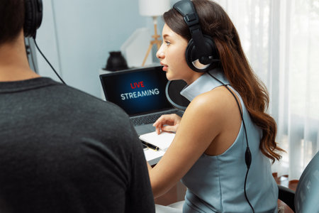 Host channel broadcasters discussing together, making advice for problem in live streaming with...