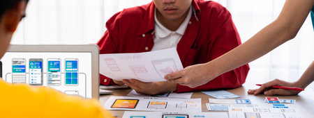 Panorama banner of startup UX developer or company employee design user interface or UI prototype...