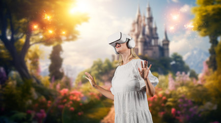 Skilled girl in pajamas excited with metaverse by using VR goggle at fantasy palace. Caucasian woman...