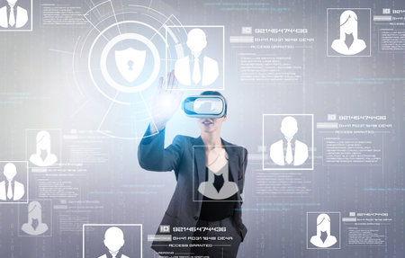 Project manager looking and managing security protection holographic. Professional businesswoman...