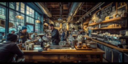 Blurred background of a busy coffee shop with patrons enjoying their drinks and baristas crafting coffee, creating a lively community space. Resplendent.の写真素材
