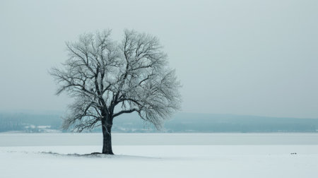 The picture of the single tree that has been covered with white snow in the middle of the empty snow land in the winter season and light from the sun can make everything bright clear on land. AIGX03.の素材