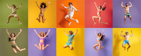 Summer people collection set, diverse people jumping on colorful background, many people funny jump wearing summer outfit fashion ready for swim and summer activity, summertime, beachwear AIG48の素材