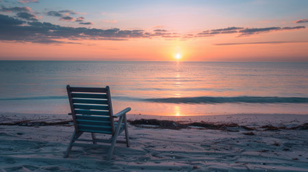 A chair is placed on the beach at dusk, with water reflecting the colorful sky and clouds as the sun sets over the horizon, creating a serene landscape AIG50の素材
